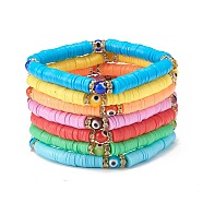 7Pcs 7 Colors Polymer Clay Heishi Sufer Stretch Bracelets Set with Evil Eye, Stackable Lucky Preppy Bracelets for Women, Mixed Color, Inner Diameter: 2-1/4 inch(5.6cm), 1pc/color(BJEW-SZ0002-21)