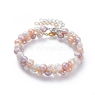 Natural Freshwater Pearl Beaded Bracelets Sets, Stackable Bracelets, with Iron Extension Chain, Brass Findings, Mixed Color, Platinum & Golden, 7-1/4 inch~7-1/2 inch(18.5~19cm), 2pcs/set(BJEW-JB05122)
