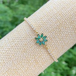 Brass Micro Pave Cubic Zirconia Slider Bracelets, Link Bracelets for Women, Flower, Green, 6-1/2~9-5/8  inch(16.5~24.5cm)(FS-WG61F73-03)