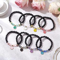 8Pcs 8 Colors Natural Lava Rock & Synthetic Moonstone Beads Stretch Bracelets, Alloy Enamel Smiley Face Charm Bracelets for Women Men, with Electroplate Non-magnetic Synthetic Hematite Beads, Inner Diameter: 2 inch(5.2cm), 1pc/color(BJEW-JB11566)