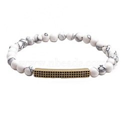 6MM Natural Howlite Beaded Bracelets, Tube Brass Micro Pave Cubic Zirconia Stretch Bracelets(PY2315-2)