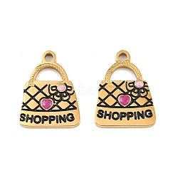 304 Stainless Steel with Enamel Pendants, Ion Plating(IP), Bag with Word Shopping & Heart Charms, Golden, Camellia, 15.5x12x1.5mm, Hole: 1.6mm(SA-CBAA937-10D-G)