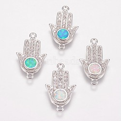 Brass Micro Pave Cubic Zirconia Links, with Synthetic Opal, Hamsa Hand/Hand of Fatima/Hand of Miriam, Platinum, Mixed Color, 19.5x11.5x1.5mm, Hole: 1mm(KK-E735-18P)