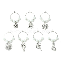 Tibetan Style Alloy Wine Glass Charms Sets, with Brass Hoop Earrings Findings and Glass Imitation Jade Beads, Mixed Shapes, Antique Silver & Platinum, 43~47mm, 7pcs/set(AJEW-JO00184)