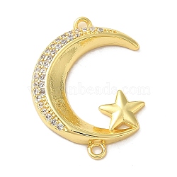 Brass Micro Pave Clear Cubic Zirconia Connector Charms, Moon Links with Star, Real 16K Gold Plated, 26x19x3.5mm, Hole: 1.5mm(FIND-Z041-16G)