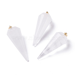 Natural Quartz Crystal Pendants, Rock Crystal Pendants, with Brass Findings, Faceted, Cone/Spike/Pendulum, Real 18K Gold Plated, 42~44x15~16mm, Hole: 3.6x4mm(G-Z026-01D)