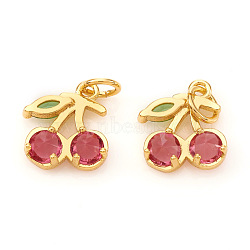 Brass Micro Pave Cubic Zirconia Charms, with Jump Rings, Cherry, Cerise & Green, Real 18K Gold Plated, 10x8x2.5mm, Jump Ring: 4x0.6mm, Hole: 2.5mm(KK-I672-27G)