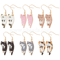 6 Pairs 6 Colors Cat Theme Enamel Dangle Earrings, Light Gold Alloy Jewelry for Women, Mixed Color, 43.5mm, Pin: 0.7mm, 1 Pair/color(EJEW-AN0001-15)