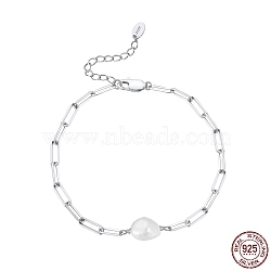 Natural Freshwater Pearls Bead Link Bracelets, with Adjustable Rhodium Plated 925 Sterling Silver Paperchip Chain Bracelets for Women, with S925 Stamp, Real Platinum Plated, 7-1/8 inch(18cm)(BJEW-I314-135)