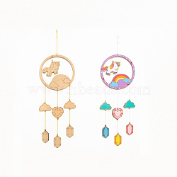 DIY Unicorn Wind Chime Making Kits, Including 1Pc Wood Plates, 1 Card Cotton Thread and 1Pc Plastic Knitting Needles, for Children Painting Craft, Mixed Color, Thread & Needle: Random Color(DIY-A029-03)