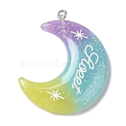 Gradient Color Translucent Resin Pendants, Glitter Moon Charms with Platinum Tone Iron Loops, Dark Turquoise, 40x34x5mm, Hole: 2mm(FIND-Z006-03A)