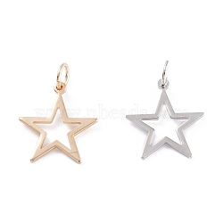 Rack Plating Brass Pendants, Long-Lasting Plated, Hollow, Star, Mixed Color, 21x19x1mm, Hole: 5mm, Jump Ring: 7x1mm(KK-F827-08)