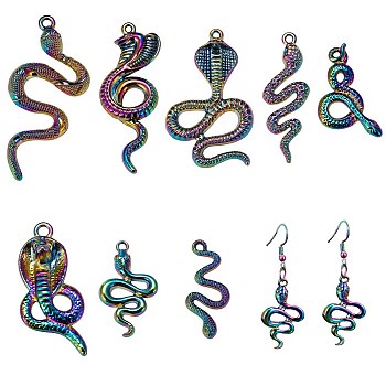 16Pcs 8 Style Rainbow Color Alloy Pendants, Cadmium Free & Nickel Free & Lead Free, Cobra, Snake, 26.5~53x13~28x2.5~9.5mm, Hole: 1.6~3mm, 2pcs/style
