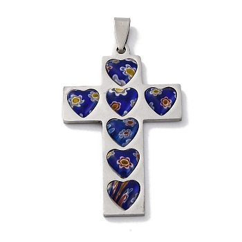 201 Stainless Steel Pendants, Cross with Heart, with Glass, Stainless Steel Color, 52x32x3.5mm, Hole: 7x3mm