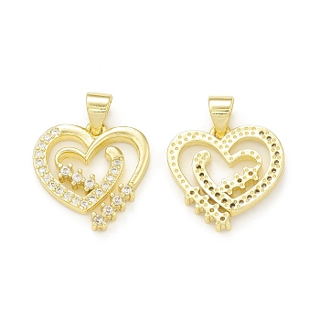 Rack Plating Brass Micro Pave Cubic Zirconia Pendants, Cadmium Free & Lead Free, Long-Lasting Plated, Interlocking Heart Charm, Real 18K Gold Plated, 17x17x2.5mm, Hole: 4x3.5mm