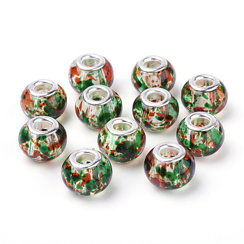 Spray Painted Glass European Beads, with Silver Color Plated Brass Cores, Large Hole Beads, Rondelle, Colorful, 14~15x9.5~11mm, Hole: 5mm