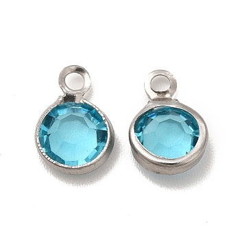 304 Stainless Steel with Glass Charms, Stainless Steel Color, Faceted Flat Round, Cyan, 9.5x6.5x2mm, Hole: 1.5mm