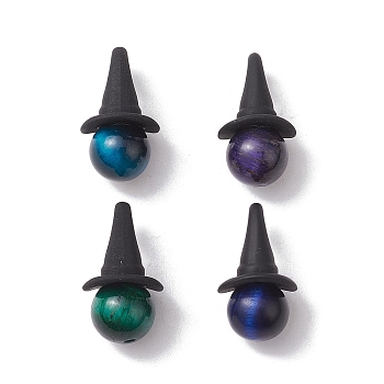 4Pcs 4 Colors Natural Tiger Eye Dyed Pendants, Round Charms with Black Alloy Witch Hat, Mixed Color, 19x11x11mm, Hole: 2mm, 1pc/color