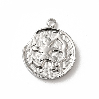 304 Stainless Steel Pendants, Textured Flat Round with Constellations Charm, Stainless Steel Color, Sagittarius, 18x15x2mm, Hole: 1.8mm