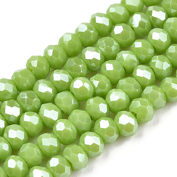 Electroplate Glass Beads Strands, Pearl Luster Plated, Faceted, Rondelle, Yellow Green, 3.5~3.8x3mm, Hole: 0.4mm, about 113~115pcs/strand, 32.5~33cm