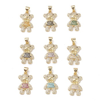 Brass Micro Pave Cubic Zirconia Pendants, Real 16K Gold Plated, Bear Charms, Mixed Color, 21.5x13x3mm, Hole: 5x3.5mm.