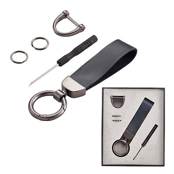 Genuine Leather Car Key Keychain, Universal Keychain for Men and Women, 360 Degree Rotatable with Anti-loss D-Ring, 2 Key Rings & 1 Screwdriver, Black, 9.5x2.3cm