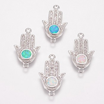 Brass Micro Pave Cubic Zirconia Links, with Synthetic Opal, Hamsa Hand/Hand of Fatima/Hand of Miriam, Platinum, Mixed Color, 19.5x11.5x1.5mm, Hole: 1mm