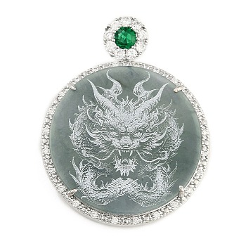 Natural Jadeite Carved Flat Round Pendants, Dragon Charms with Rhodium Plated 925 Sterling Silver Snap on Bails, 39.5x31x5mm, Hole: 6.5x3mm