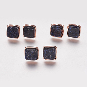 Synthetic Goldstone Stud Earrings, with Brass Findings, Real Rose Gold Plated, Square, 12x12x4.5~6mm, Pin: 1mm