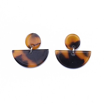 Half Round Cellulose Acetate(Resin) Dangle Stud Earrings, with 304 Stainless Steel  Findings and Plastic Ear Nuts, Saddle Brown, 21mm, Pin: 0.7mm