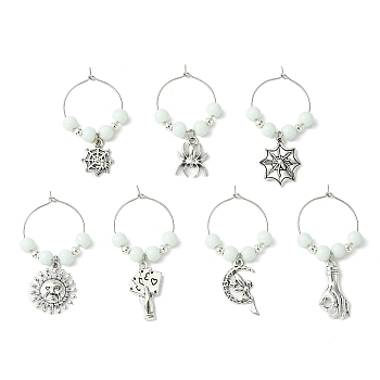 Tibetan Style Alloy Wine Glass Charms Sets, with Brass Hoop Earrings Findings and Glass Imitation Jade Beads, Mixed Shapes, Antique Silver & Platinum, 43~47mm, 7pcs/set