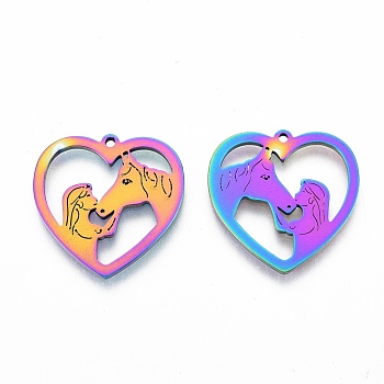 201 Stainless Steel Pendants, Heart with Girl & Horse, Rainbow Color, 24.5x25x1.5mm, Hole: 1.5mm