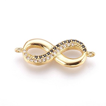 Brass Micro Pave Cubic Zirconia Links, Infinity, Mixed Color, Real 18K Gold Plated, 8x22x2mm, Hole: 1.2mm
