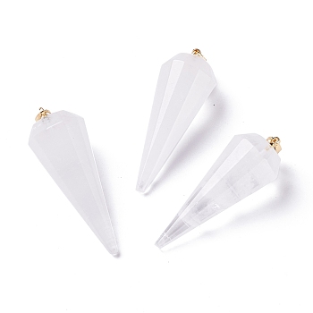Natural Quartz Crystal Pendants, Rock Crystal Pendants, with Brass Findings, Faceted, Cone/Spike/Pendulum, Real 18K Gold Plated, 42~44x15~16mm, Hole: 3.6x4mm