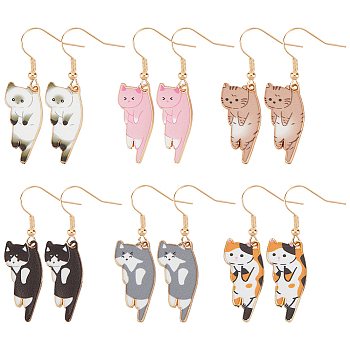 6 Pairs 6 Colors Cat Theme Enamel Dangle Earrings, Light Gold Alloy Jewelry for Women, Mixed Color, 43.5mm, Pin: 0.7mm, 1 Pair/color
