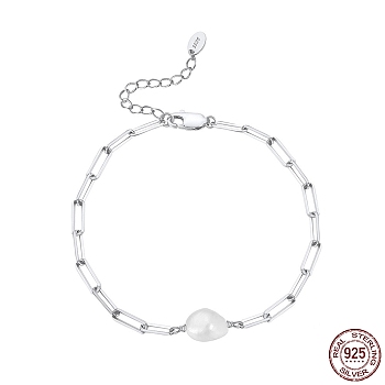 Natural Freshwater Pearls Bead Link Bracelets, with Adjustable Rhodium Plated 925 Sterling Silver Paperchip Chain Bracelets for Women, with S925 Stamp, Real Platinum Plated, 7-1/8 inch(18cm)