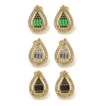 Ion Plating(IP) 304 Stainless Steel with Rhinestone Stud Earrings, Polished, Mixed Color, Golden, Teardrop, 19.5x14mm