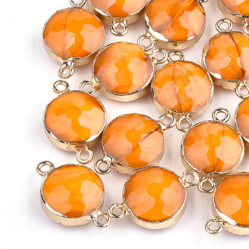 Electroplate Glass Links connectors, with Iron Findings, Faceted, Flat Round, Golden, Dark Orange, 22x14x8mm, Hole: 1.5mm