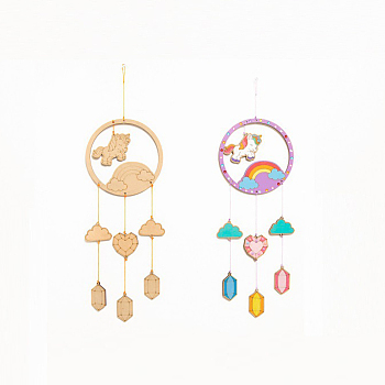 DIY Unicorn Wind Chime Making Kits, Including 1Pc Wood Plates, 1 Card Cotton Thread and 1Pc Plastic Knitting Needles, for Children Painting Craft, Mixed Color, Thread & Needle: Random Color