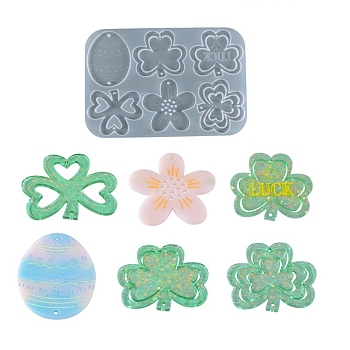 Easter Egg & Shamrock & Flower Connector Charms Silicone Molds, Resin Casting Molds, for UV Resin & Epoxy Resin Jewelry Making, White, 246x166x5.5mm, Hole: 3.5mm, Inner Diameter: 72~85x65~82mm