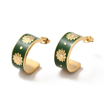 Enamel Flower Wrap Stud Earrings, Golden 304 Stainless Steel Half Hoop Earrings for Women, Dark Green, 18x8x18mm, Pin: 0.8mm
