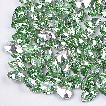 Pointed Back Resin Rhinestone Cabochons, Back Plated, Faceted, teardrop, Peridot, 13.5~14x9.5~10x5.5mm, about 220pcs/bag