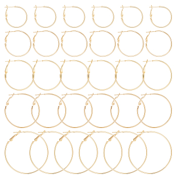 30Pcs 6 Style Brass Hoop Earring Findings, Ear Wire, Ring, Real 18K Gold Plated, 21 Gauge, 24.5~50x1.2mm, Pin: 0.7mm