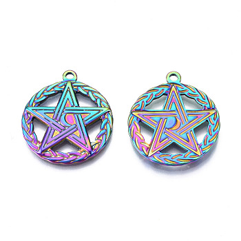 Ion Plating(IP) 201 Stainless Steel Pendants, Flat Round with Star, Rainbow Color, 28.5x25x2mm, Hole: 2mm