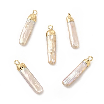 Baroque Natural Keshi Pearl Pendants, Rectangle Charms, with Brass Loops, Light Gold, 25~27x4~6x3~6mm, Hole: 1.8mm
