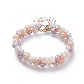 Natural Freshwater Pearl Beaded Bracelets Sets, Stackable Bracelets, with Iron Extension Chain, Brass Findings, Mixed Color, Platinum & Golden, 7-1/4 inch~7-1/2 inch(18.5~19cm), 2pcs/set