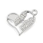 UV Plating Alloy Crystal Rhinestone Pendants, Heart Charms, Platinum, 16x21x2mm, Hole: 1.7mm(RB-CBAD37D-29P)