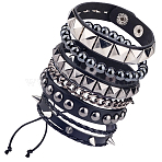 4Pcs 4 Styles Punk Style Hematite Round Beaded Stretch Bracelets & Rivets Bracelets  with Alloy Braided Bead Bracelets & Imitation Leather Bangles for Men Women, Platinum, Inner Diameter: 2-1/4~3-1/8 inch(5.65~7.8cm)(BJEW-WH20002-09B)