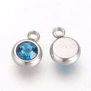 201 Stainless Steel Rhinestone Charms, Flat Round, Sapphire, 8.5x6x3mm, Hole: 1.5mm(X-STAS-S068-09)