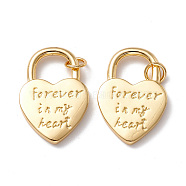 Rack Plating Brass Pendants, Long-Lasting Plated, with Jump Ring, Lead Free & Cadmium Free, Heart Lock with Phrase Forever in my heart, Real 18K Gold Plated, 27.5x18.5x2.5mm, Hole: 4mm(KK-M221-05G-RS)